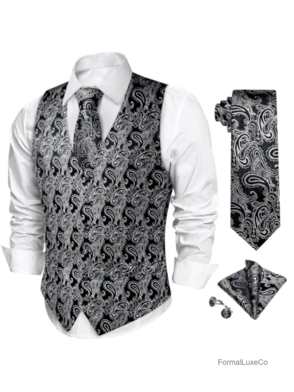 Men's Paisley Silk Vest Tie Set 4PC Formal Waistcoat with Cufflinks